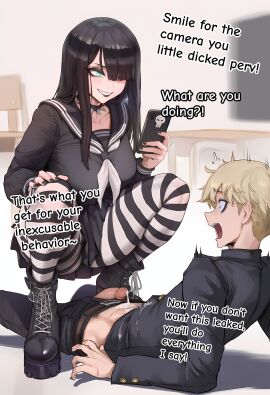 ai_generated bangs black_clothing black_eyeshadow black_fingernails black_hair black_lipstick black_makeup black_skirt blackmail blonde_hair blunt_bangs boots collar femdom goth goth_girl gothic hair_over_one_eye holding_phone light_blue_eyes marlai pantyhose sailor_uniform schoolgirl shocked_expression skinny skinny_male small_penis sph spread_legs squatting striped_legwear white_tie