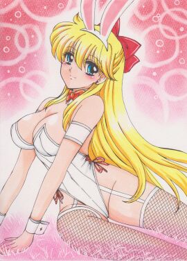 1girls absurdres alluring animal_ears armband bad_id bad_pixiv_id bishoujo_senshi_sailor_moon blonde_hair blue_eyes blush bow bowtie breasts bubble bustier cuffs earrings fake_animal_ears female female_focus fishnet_thighhighs fishnets garter_straps hair_ribbon highres jewelry large_breasts leotard long_hair looking_at_viewer minako_aino playboy_bunny rabbit_ears rascal_(n119) red_bow ribbon sailor_venus smile solo thighhighs traditional_media very_long_hair wrist_cuffs