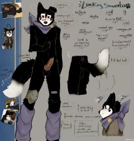 absurd_res animal_genitalia animal_penis anthro anus ass backsack balls ballsack band-aid band-aid_on_face band-aid_on_leg bandage bandage_on_face black_body black_fur blush bodily_fluids bracelet bulge canid canine canine_genitalia canine_penis canis cerberussenn character_bio chibi clothed clothing cum dipstick_tail encouragement floppy_ears flustered fur genital_fluids genitals heart_symbol hi_res jewelry kerchief knee_pads knot leg_warmers legwear lucky_sweeto_(cerberussenn) male mammal markings medallion midriff mole_(marking) narrowed_eyes neckerchief neckwear nervous one_ear_up penis pie_cut_eyes pleading_eyes precum pronouns shaking shy signature sketch_page slim_male smile solo specified_penis_size stated_age stated_gender stated_height stated_sexuality submissive tail tail_grab tail_markings tail_motion tailwag technology text throbbing throbbing_penis topless trembling uncensored v-line wolf