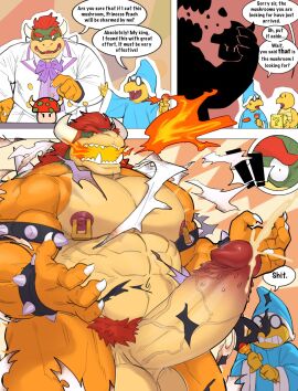3boys abs anthro balls big_penis bowser clothing comic dialogue erection fire fire_breathing fishingmanmax furry furry_only genitals gigantic_penis glasses horns huge_cock kamek king koopa koopa_troopa large_penis larger_male magic_wand male male_nipples male_only mario_(series) massive_penis nintendo nipple_piercing nipples open_mouth penis piercing red_hair reptile ripped_clothing royalty scalie size_difference smaller_male text veiny_penis white_clothing