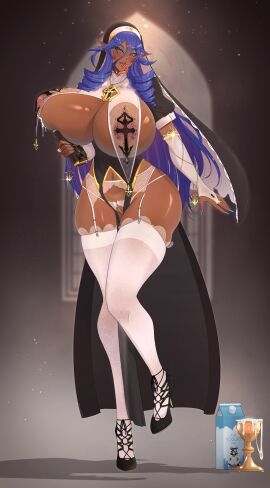 armwear big_breasts bimbo cameltoe curvy high_heels kdxyon lingerie nipples_visible_through_clothing nun nun_outfit see-through see-through_clothing tagme tounge_out white_lingerie