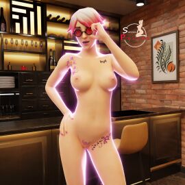 adjusting_eyewear adjusting_glasses adjusting_sunglasses bar breasts callisto_(fortnite) exposed_thighs female fortnite looking_at_viewer naked naked_female pink_hair purple_lipstick sideboob sorrenpalace sunglasses tattoo tattoo_on_belly tattoo_on_breast tattoo_on_thigh tattoos thighs tinted_eyewear wine wine_bottle wine_glass