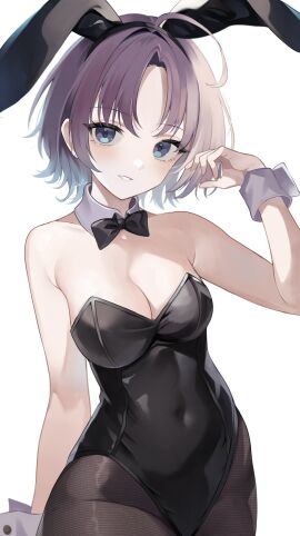 ahoge asakura_toru bare_arms bare_shoulders belly_button_visible_through_clothing black_leotard black_pantyhose blue_eyes blush breasts bunny_ears bunnysuit cleavage detached_collar female gradient_hair idolmaster idolmaster_shiny_colors leotard medium_breasts multicolored_hair pantyhose parted_lips purple_hair short_hair shu10 smile strapless_leotard wrist_cuffs