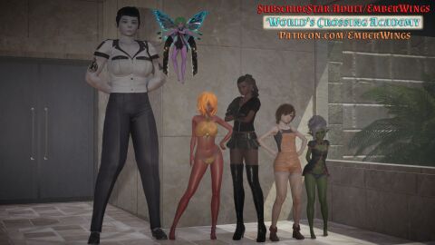 3d african_female ai_shoujo ashira_(wca) asian_female bikini black_hair blossom_(wca) booty_shorts brown_hair chiara_(wca) dark_skin fairy fairy_wings female female_only fire_djinn galka_(wca) goblin_female goliath green_hair green_skin grey_skin heterochromia hoodie jade_(wca) miniskirt nook_(wca) orange_hair overalls promotional_art purple_skin red_skin security_guard team_emberwings wca white_hair worlds_crossing_academy zipper