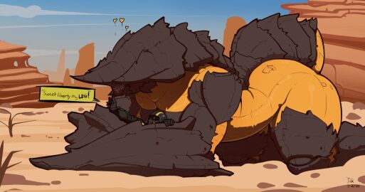 alien anthro arthropod ass ass_up breasts charger_(helldivers) female hearts_around_head helldivers helldivers_2 holding_partner huge_ass huge_breasts larger_female male monster_girl mrdoccon on_ground protecting protective smaller_male terminid thick_thighs