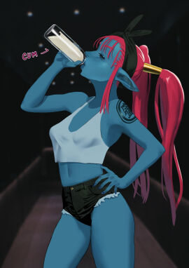 1girls blue_skin drinking female growth pointy_ears short_shorts tagme
