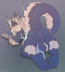 anthro anus arm_tuft ass aziran_(fluffybastion) balls balls_tuft big_ass big_balls big_butt big_tail cheek_tuft claws ears_up elbow_tuft facial_tuft feet fluffy fluffy_tail genitals hi_res looking_at_viewer lube lube_in_ass male medial_ring niva_(fluffybastion) penis perineum presenting presenting_anus presenting_hindquarters redcreator smile solo tail toe_claws tuft