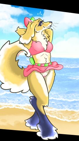 absurd_res accident accidental_exposure anthro beach bikini bottomwear canid canine canis clitoris clothed clothing curled_tail domestic_dog exhibitionism female floppy_ears fluffy fluffy_tail flush genitals grimeire hi_res looking_at_viewer mammal midriff neck_tuft outdoor_nudity outside presenting pussy raised_bottomwear raised_clothing raised_skirt skirt solo swimwear tail tongue tongue_out tuft two-piece_swimsuit wind