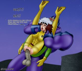 1boy 1girls anna_marie apocalypse_(x-men) balls big_penis brown_hair clothed_rape en_sabah_nur female female_penetrated full_nelson full_nelson_(legs_held) gloves long_hair male marvel marvel_comics noncon open_mouth penis pussy ripped_clothing rogue_(x-men) standing_full_nelson superhero superhero_costume superheroine text thigh_high_heels torn_bodysuit torn_clothes two-tone_hair vaginal_penetration white_hair x-men x-men:_the_animated_series x-men_97 zugalewd
