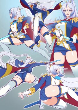1girls ass blue_eyes captain_shalala female female_only grey_hair hirogaru_sky!_precure light-skinned_female light_skin muramura_hito ponytail precure pretty_cure sword thick_thighs thighs toei_animation