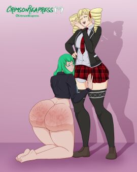 1futa 1girls ass big_ass bottom_heavy bottomless breasts clothed clothing crimsonreapress drill_hair duo female femsub flaccid futa_on_female futadom futanari green_hair huge_ass human intersex laughing light-skinned_female light-skinned_futa light_skin ojou-sama_pose penis school_uniform schoolgirl skirt spank_marks spanked spanking standing thick_thighs twintails wide_hips