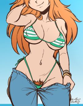 1girls arm_tattoo belly_button big_breasts bikini bikini_bottom bikini_top black_tattoo breasts bush eyes_out_of_frame female female_focus female_only ginger_pubic_hair hips jeans large_breasts light-skinned_female light_skin long_hair lordguyis nami_(one_piece) one_piece orange-haired_female orange_hair orange_pubic_hair pants_down post-timeskip pubes pubes_exposed pubic_hair pubic_hair_peek pulling_down_pants sketch smirk smirking_at_viewer solo tattoo