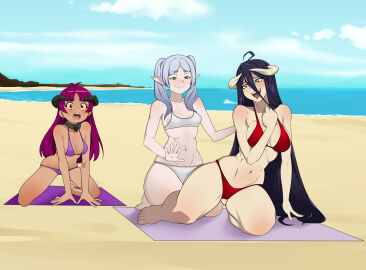 3girls albedo_(overlord) anoneysnufftan applying_sunscreen beach bikini blue_hair blush crossover demon demon_girl female female_only frieren green_eyes heterochromia horns humiliation imminent_death killer_lotion kishirika_kishirisu long_hair massage mushoku_tensei ocean overlord_(maruyama) peril pink_hair punishment rubbing sand seaside sky sousou_no_frieren summer sunbathing swimsuit towel waiting_for_turn