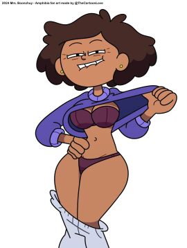 accurate_art_style amphibia amphibia_(series) brown_hair brown_skin clothed clothing clothing_lift disney disney_channel female front_view hand_on_hip looking_at_viewer mature_female milf mrs._boonchuy oum_boonchuy panties pants_down semi_nude smile solo_female sweater the_cartoon_love underwear