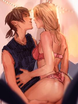 2girls artist_name ass_cleavage attack_on_titan blonde_hair blush brown_hair christa_lenz color depth_of_field female freckles freckles_on_face freckles_on_shoulders fully_clothed hair_tie half-closed_eyes hand_on_another's_stomach hand_on_another's_thigh heart_panties historia_reiss lace-trimmed_bra lace-trimmed_panties lace_trim lighting lipstick long_hair looking_at_another partially_clothed pink_bra pink_lipstick pink_panties romantic romantic_couple rozavay shingeki_no_kyojin slight_blush tank_top tied_hair underwear_only watermark ymir_(shingeki_no_kyojin) yuri