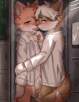 ahoge anthro balls balls_tuft blue_eyes blush bottomless bottomless_male brown_highlights canid canine cheek_tuft chest_tuft clothed clothing countershading dipstick_ears dipstick_tail duo ear_markings facial_markings facial_tuft forehead_markings foreskin fox frottage genitals gloves_(marking) hair head_markings hi_res highlights_(coloring) kitune1tu looking_at_viewer male male/male mammal markings multicolored_ears narrowed_eyes open_mouth partially_retracted_foreskin penile penis penis_on_penis purple_eyes retracted_foreskin saliva_on_hand sex tail tail_markings tongue tongue_out tuft uncircumcised white_body white_countershading white_dress_shirt white_hair