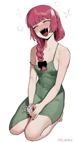 blush bocchi_the_rock! breasts dress drooling drunk drunk_bubble female hip_dips hiroi_kikuri long_dress no_bra on_floor on_knees open_mouth radon1014 sharp_teeth shiny_skin sideboob small_breasts smile thick_thighs thighs thin_waist