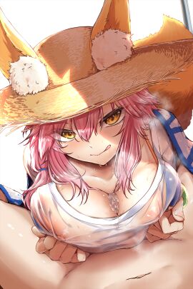 1boy 2d :p animal_ear_fluff animal_ears ashina_merou bangle bikini bikini_under_clothes blue_bikini blush bracelet breasts breasts_squeezed_together closed_mouth collarbone commentary_request covered_nipples fate/grand_order fate_(series) female fox_ears fox_girl hat highres huge_breasts jewelry long_hair looking_at_viewer male paizuri penis pink_hair pink_lips sanpaku shirt simple_background smile solo_focus straw_hat sweat swimsuit tagme tamamo_(fate) tamamo_no_mae_(fate) tamamo_no_mae_(fate/extra) tamamo_no_mae_(swimsuit_lancer)_(fate) tamamo_no_mae_(swimsuit_lancer)_(second_ascension)_(fate) tongue tongue_out white_background white_shirt yellow_eyes yellow_hat