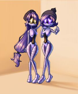 2girls ass beanie blue_dron blush blushing_female breasts curvaceous curvy curvy_female curvy_figure dronfanblue female female_focus female_only glitch_productions hat hips long_hair murder_drones nipples nude nude_female oc ponytail purple_eyes purple_hair pussy robot robot_girl robot_humanoid short_hair shy smiling thighs uzi_(murder_drones) yellow_eyes