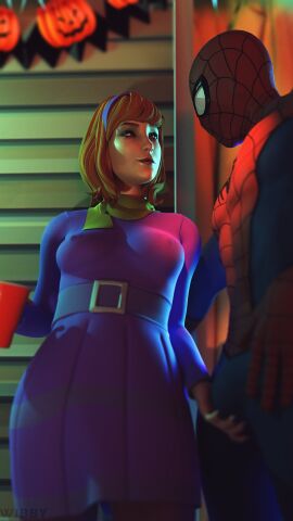 1boy 1girls 3d blender breasts bulge bulge_through_clothing clothed clothed_female clothed_male clothing cosplay costume daphne_blake_(cosplay) dress duo erect_nipples female ginger green_eyes grin hairband halloween highres imminent_sex life_is_strange life_is_strange:_before_the_storm light-skinned_female light_skin looking_at_partner makeup male marvel marvel_comics medium_breasts nipples orange_hair purple_dress rachel_amber red_hair scooby-doo seductive seductive_look seductive_smile smile spider-man_(cosplay) spider-man_(series) standing wibby