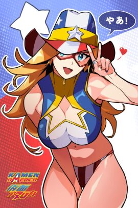 american_flag_bikini big_breasts blonde_hair blue_eyes breasts charlotte_vanders cleavage cowboy_hat crop_top female hip_dips kamen_america kamen_america_(character) kamen_america_(series) midriff official_art peace_sign sumpkun superheroine tease zipper