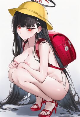 absurdres ai-generated backpack bag blue_archive blush female hat high_heels highres keikiko large_areolae long_hair looking_at_viewer nude original rio_(blue_archive) school_bag school_hat squatting