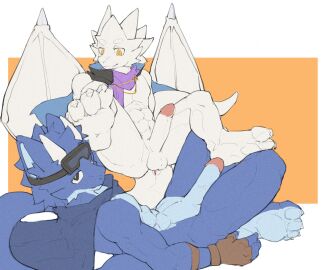 4_toes abs anthro athletic balls bent_legs bent_over black_eyes claws closed_smile clothing crossed_legs dragon duo erection eyewear feet fingerless_gloves foot_on_knee foreskin genitals gloves goggles handwear hi_res humanoid_genitalia humanoid_penis lying male male/male mouth_closed mythological_creature mythological_scalie mythology on_back one_leg_up pawpads paws pecs penis plantigrade raised_leg retracted_foreskin scalie scarf senuo simple_background sitting smile toes uncircumcised white_body wings yellow_eyes