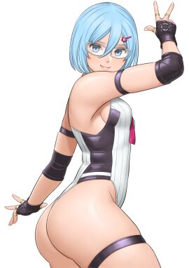 1girls arm_strap ass blue_hair dead_or_alive dead_or_alive_6 female fingerless_gloves fingernails glasses leotard looking_at_viewer nico_(doa) shigenobu short_hair simple_background sleeveless smile smiling_at_viewer solo thick_thighs