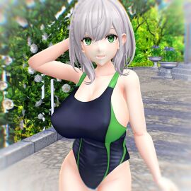 1girls 2023 3d armpit big_breasts breasts cleavage female green_eyes hati_yukkuri_mmd hololive hololive_fantasy hololive_japan human leaves light-skinned_female light_skin looking_at_viewer mikumikudance mmd nipple_outline one_arm_up outside shirogane_noel short-haired_female sideboob solo_female solo_focus swimsuit virtual_youtuber white-haired_female white_flower white_outline
