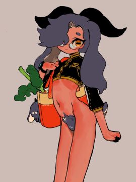 1boy animal_ears animal_penis bag black_jacket bottomless brown_background brown_eyes carrot closed_mouth commentary_request cowboy_shot cropped_jacket glasses goat_boy goat_ears goat_horns goat_tail hair_over_one_eye hand_up highres horizontal_pupils horns jacket long_sleeves looking_at_viewer male male_focus original otoko_no_ko penis shima_(wansyon144) short_eyebrows shoulder_bag simple_background smile solo what