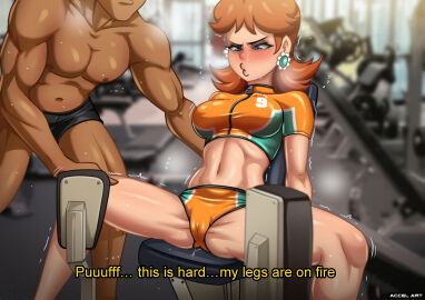 1boy 1girls accelart blue_eyes blush breasts brown_hair clothing comic dark-skinned_male dark_skin earrings english_text eyelashes female flower_earrings gloves groin gym human legs light-skinned_female light_skin male mammal mario_(series) mario_strikers mature mature_female mature_male medium_hair muscular muscular_male navel nintendo orange_shirt orange_shorts princess princess_daisy royalty shirt short sitting soccer_uniform spread_legs sweat text tomboy
