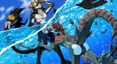 anthro ass cheetah crown duo felid feline fellatio fish headgear hi_res male male/male mammal marine nude nude_male oral outside outside_sex penile pit_(thatsharko) public public_nudity public_sex reeck risky_sex sea sex shark stealth_sex underwater underwater_blowjob underwater_sex water zurianima_(yagdrassyl)