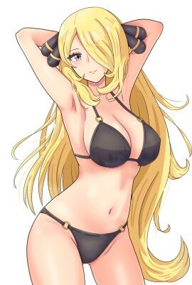 alternate_version_available blonde_hair breasts cynthia_(pokemon) female female_only looking_at_viewer maho_(corotonton5150) nintendo pokemon solo swimsuit