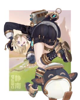 1boy ass ass_focus balls balls_bulge bulge bulge_through_clothing diving_suit freminet_(genshin_impact) full_body fully_clothed genshin_impact male male_only shorts swimsuit