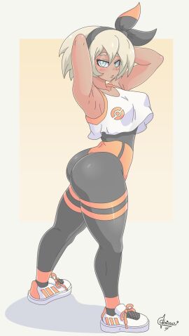 1girls 2d ass bea_(pokemon) black_legwear bubble_ass bubble_butt chrissursilversoul color crop_top dark-skinned_female dark_skin female female_only full_body grey_eyes grey_hair hands_on_head looking_back nintendo pokemon signature simple_background sneakers solo standing tagme thick_ass tight_clothing