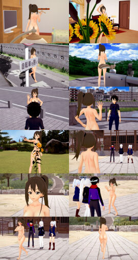 1boy 3d 4girls akira_(zephros542) ass astrid_(zephros542) barefoot boots breasts clothed_female_nude_female clothed_male_nude_female completely_nude covering_breasts covering_crotch covering_pussy embarrassed_nude_female exhibitionism female flower irina_(zephros542) jacket long_hair long_sleeves male navel nipples nonsexual_nudity nude nude_female pants ponytail pussy raiden_inoue retropunch rin_(darkspider94) shorts sign skirt sneakers squirrel t-shirt twintails