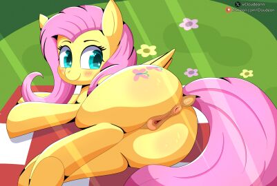 animal_genitalia animal_pussy anus ass ass_focus blue_eyes blush butt_focus cloudeon equid equine equine_genitalia equine_pussy female feral flower fluttershy_(mlp) friendship_is_magic fur genitals hair hasbro hi_res light light_beam looking_at_viewer looking_back looking_back_at_viewer lying mammal my_little_pony mythological_creature mythological_equine mythology on_side pegasus picnic_blanket pink_hair plant pussy solo sunbeam sunlight wings yellow_body yellow_fur