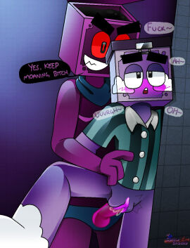 bandana big_eyebrows black_eyes boxten_(dandy's_world) cuntboy cuntboy/cuntboy dandy's_world gay intersex looking_at_another looking_pleasured male male/male mastectomy_scar moan moaning purple_body purple_dildo pussy pussy_juice red_sclera selfcest spriteshockz strap-on strapon top_surgery_scars twisted_boxten_(dandy's_world) vagina vaginal_penetration vaginal_sex wearing_shirt