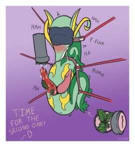 2022 2_penises animal_genitalia animal_penis anus balls begging blindfold bodily_fluids bondage bound cock_and_ball_torture cock_and_balls_torture dialogue diphallia diphallism drooling erection feral feral_only fuzzo generation_5_pokemon genital_fluids genital_slit genital_torture genitals green_body harness hemipenes hi_res male markings masochism multi_genitalia multi_penis nettles nintendo open_mouth penetrable_sex_toy penis pokemon pokemon_(species) precum saliva serpentine serperior sex_toy shaking simple_background solo stinging_nettles submissive submissive_male suspension text tongue tongue_out trembling yellow_markings