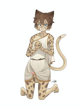 2d cheetah clothed drawing erect_penis feline_genitalia feline_humanoid feline_penis femboy femboy_only furry furry_only hand_on_chest kneeling lifted_clothing lifted_dress looking_at_viewer male male_only oc penis rzalpha07 simple_background testicles twink