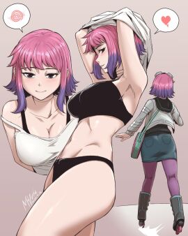 1girls armpits arms_up back_view bare_shoulders black_eyes black_underwear blush clothed female goggles goggles_on_head heart mawit2091 panties pink_hair purple_hair ramona_flowers roller_skates scott_pilgrim short_hair spiral strap_slip two-tone_hair underwear undressing