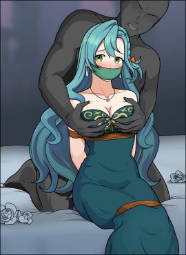 1boy 1girls alternate_costume aqua_hair arms_behind_back bare_arms bare_shoulders bed blue_hair blush bondage bound bound_arms bound_legs braid breast_grab breasts captured chloe_(fire_emblem) cleavage cloth_gag collarbone deep_skin double_breast_grab dress embarrassed female female_focus femsub fire_emblem fire_emblem_engage flower frown gag green_eyes groping improvised_gag just_some_guy long_hair male maledom medium_breasts molestation necklace nintendo official_alternate_costume on_bed restrained rope rose shoulders sitting sleeveless solo_focus strapless_dress very_long_hair