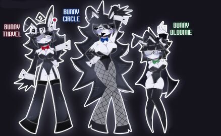 3girls artist_request big_breasts breasts bunny_ears bunny_tail bunnysuit deer_girl female fundamental_paper_education miss_bloomie_(fundamental_paper_education) miss_circle_(fundamental_paper_education) miss_thavel_(fundamental_paper_education) pine_tree short_female