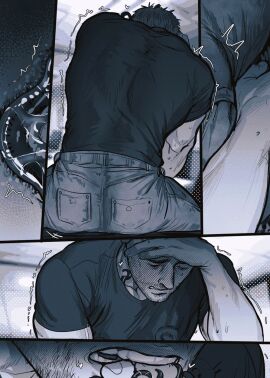 black_and_white clothing jeans male male_only short_hair