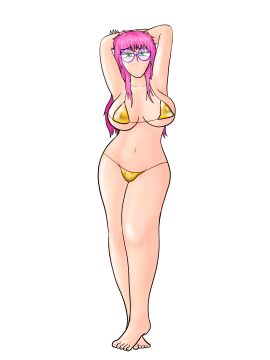 1girls artist_upload big_breasts bikini breasts female female_focus female_only full_body glasses gold_bikini golden_bikini green_eyes hands_behind_head huge_boobs huge_breasts large_breasts legs long_hair oc original original_character pink_hair polina_(polisilver) polisilver pose posing self_upload sensual sexy sexy_pose shy simple_background standing swimsuit thighs twitter