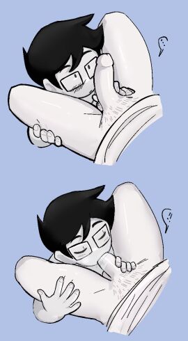 2boys black-haired_male black_hair blowjob bottomless dave_strider gay glasses headgear headwear homestuck jadedavekarkat john_egbert male male_focus male_only oral shirt_only short-haired_male short_hair yaoi