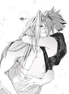 2boys arm_around_waist arms_around_neck ass bishie_sparkle blush chinese_commentary chinese_text clothes_lift cloud_strife commentary_request completely_nude ear_blush final_fantasy final_fantasy_vii full-face_blush greyscale hair_intakes hand_on_another's_thigh highres hug imminent_kiss jeff_000000 long_bangs long_hair male male_focus monochrome multiple_boys multiple_males no_pants nude parted_bangs screentones sephiroth shirt_lift short_hair sleeveless sleeveless_sweater smile sparkle spiked_hair sweatdrop sweater toned toned_male translation_request turtleneck turtleneck_sweater upper_body white_background yaoi