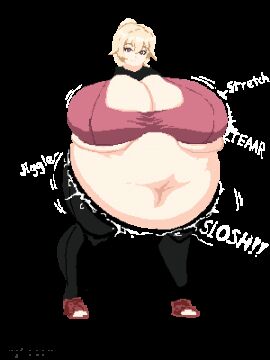 animated ass_expansion belly_expansion blonde_hair breast_expansion digestion fat indulgences pixel_art rebecca_(indulgences) tight_clothing