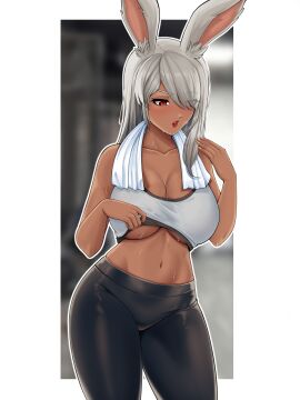 1girls absurd_res after_workout athletic athletic_female big_breasts blush border breasts cleavage commission cowboy_shot crop_top dark-skinned_female dark_skin exercise_clothing eyebrows_visible_through_hair female final_fantasy final_fantasy_xiv hair_over_one_eye hi_res long_hair midriff navel parted_lips rabbit_ears rabbit_humanoid red_eyes saikoart1st silver_hair solo sports_bra sportswear square_enix sweat teasing towel towel_around_neck underboob viera voluptuous voluptuous_female workout_clothes yoga_pants