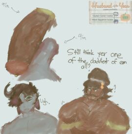 2025 black_sapphire_cookie captain_caviar_cookie cock_ring comparing cookie_run cookie_run_kingdom dialogue food_creature frottage grey_background measurements penis piercing reference_image self_upload yaoi